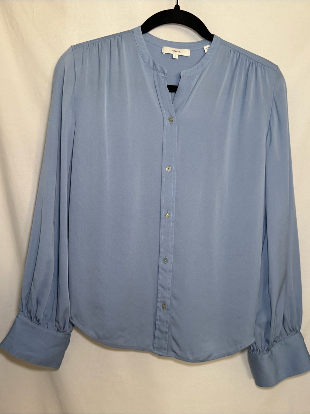 Vince Like New Powder Blue Stretch Silk Band Collar Blouse Size XS